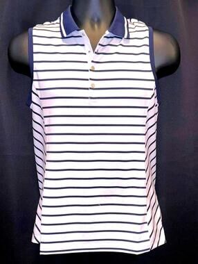 RLX Ralph Lauren Sleeveless Polo Shirt "White/Navy Stripe" Women's L | NWT